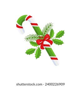 Christmas candy cane with red bow. Design element for door wreath decoration. Holiday icon for greeting cards. Flat vector stick illustration isolated on white.