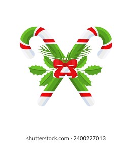 Christmas candy cane with red bow. Design element for door wreath decoration. Holiday icon for greeting cards. Flat vector stick illustration isolated on white.