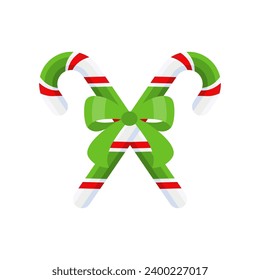 Christmas candy cane with red bow. Design element for door wreath decoration. Holiday icon for greeting cards. Flat vector stick illustration isolated on white.
