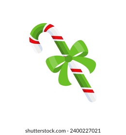 Christmas candy cane with red bow. Design element for door wreath decoration. Holiday icon for greeting cards. Flat vector stick illustration isolated on white.
