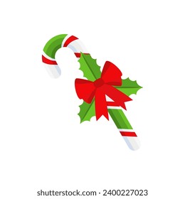 Christmas candy cane with red bow. Design element for door wreath decoration. Holiday icon for greeting cards. Flat vector stick illustration isolated on white.