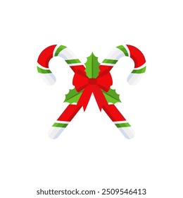 Christmas candy cane with red bow. Design element for door wreath decoration. Holiday icon for greeting cards. Flat vector stick illustration isolated on white.