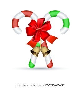 Christmas candy cane with red bow and christmas bell, vector illustration