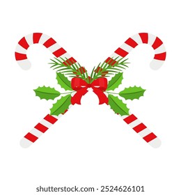 Christmas candy cane with red bow. Design element for door wreath decoration. Holiday icon for greeting cards. Flat vector stick illustration isolated on white.