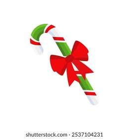 Christmas candy cane with red bow. Design element for door wreath decoration. Holiday icon for greeting cards. Flat vector stick illustration isolated on white.