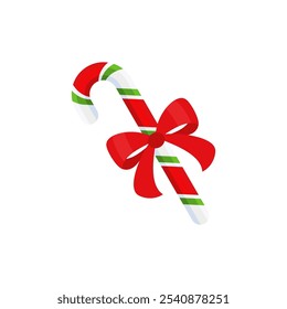 Christmas candy cane with red bow. Design element for door wreath decoration. Holiday icon for greeting cards. Flat vector stick illustration isolated on white.