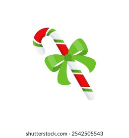 Christmas candy cane with red bow. Design element for door wreath decoration. Holiday icon for greeting cards. Flat vector stick illustration isolated on white.