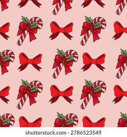 Christmas candy cane and red bow seamless pattern vector background. Festive holiday candy cane with holly leaves seamless vector wallpaper for wrapping paper