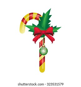 Christmas candy cane with red bow,  vector illustration