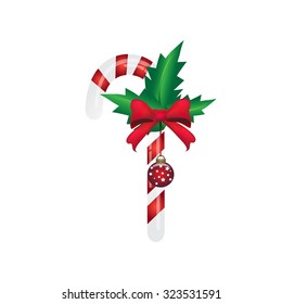 Christmas candy cane with red bow,  vector illustration