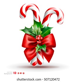 Christmas candy cane with red bow and holly berry. Vector  EPS 10.