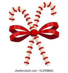 Christmas candy cane with red bow. Vector illustration on a white background.