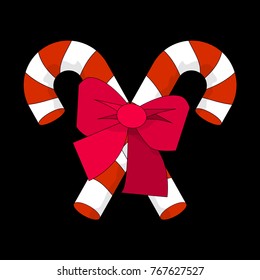 Christmas Candy Cane with Red Bow Silhouette Icon Symbol Design. Vector Candy Cane illustration isolated on black background