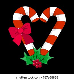 Christmas Candy Cane with Red Bow and Holly Berries. Silhouette Icon Symbol Design. Vector Candy Cane illustration isolated on black background