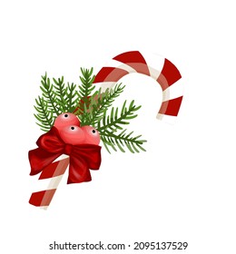 Christmas candy cane with red ribbon and mistletoe red berries holly leaves decoration illustration