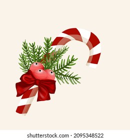 Christmas candy cane with red ribbon and mistletoe red berries holly leaves decoration illustration