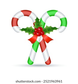 Christmas candy cane with red ribbon and holly , vector illustration