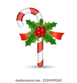 Christmas candy cane with red ribbon and holly, vector illustration