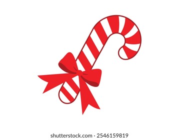 Christmas candy cane with red ribbon simple vector, Christmas stick, Santa caramel cane with striped pattern, Red and white striped holiday sweet. Vector illustration isolated on white background