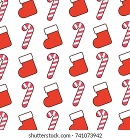 christmas candy cane and red sock ornament seamless pattern