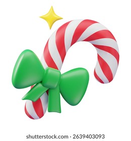 Christmas candy cane red and white with green bow, 3d vector illustration.