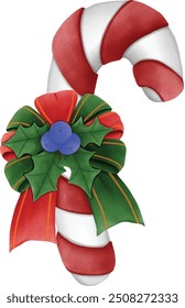 christmas candy cane and ribbon with blue cherry