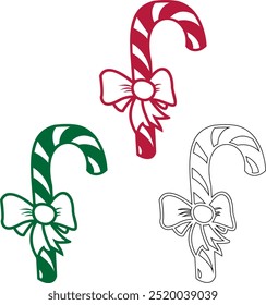 Christmas Candy Cane with Ribbon Bows. Decorative Element for Holiday Celebrations and New Year Cards. Traditional Red, Green, and White Sweet Symbol for Wrapping Paper, Wallpapers, and Party Designs.