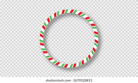 Navidades de caña de caramelo de marco redondo con rayas rojas, verdes y blancas. Perfecto para tarjetas de vacaciones, Anuncios o Plantillas festivas. Ilustración vectorial