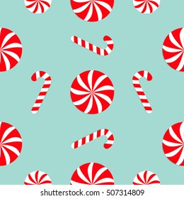 Christmas Candy Cane Round white and red sweet set. Seamless Pattern Decoration. Wrapping paper, textile template. Blue background. Flat design. Vector illustration.