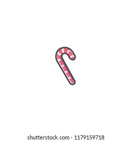  Christmas candy cane. Santa's stripes cane. Sweet holiday food. Tradition New Year dessert. Sticker in cartoon style with contour. Isolated on white background. Vector illustration.