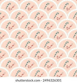 Christmas candy cane scallop seamless pattern. Happy New Yea arch repeat background. Yuletide sweet elements retro endless design. Vector hand drawn flat illustration.