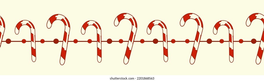 Christmas candy cane seamless border. Striped holiday candy cane with ribbons. Vector pattern