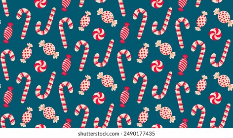 Christmas candy, candy cane seamless pattern. Peppermint candies background.