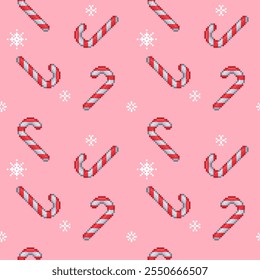 Christmas candy cane seamless pattern. Pixel art candy and snowflakes holiday traditional peppermint backdrop. Vector background illustration.