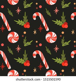 Christmas candy cane seamless vector pattern on dark background. For wrapping paper, textile print