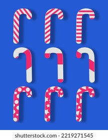 Christmas candy cane set. collection of paper cut style design elements with various patterns.