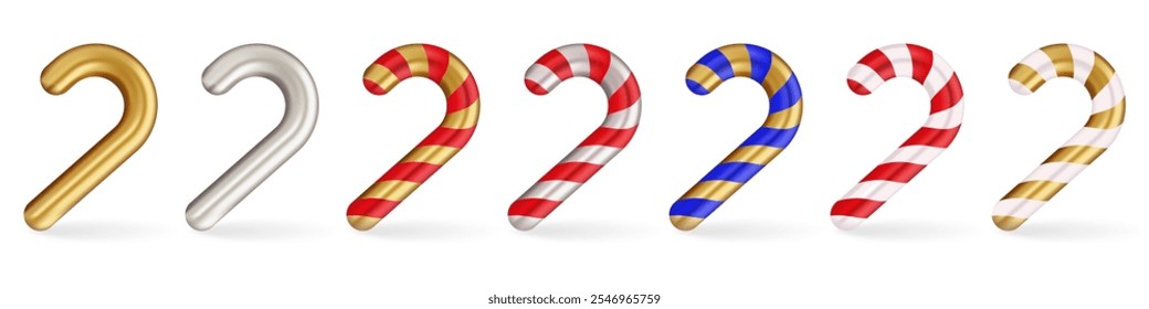 Christmas candy cane set illustration. Includes seven variations: gold, silver, red-white, red-gold, blue-gold, and white-gold striped designs. Holiday themes, festive decorations, new year