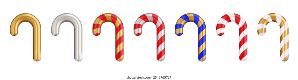 Christmas candy cane set illustration. Includes seven variations: gold, silver, red-white, red-gold, blue-gold, and white-gold striped designs. Holiday themes, festive decorations, new year