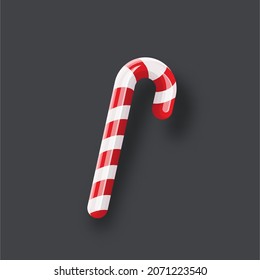 Christmas candy cane with shadow isolated on grey background. Xmas Stripped cartoon lollipop. Vector candy cane