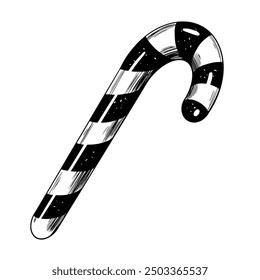 Christmas candy cane in sketch style. Black and white striped candy isolated on white background. Engraved Christmas stick