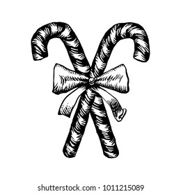 Christmas Candy Cane Sketch. Vector Illustration Of Two Christmas Canes Decorated With Ribbon In Vintage Style. Black Engraving Of Traditional Holiday Sweet Sticks Isolated On White Background.