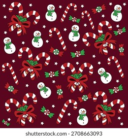 Navidades de caña de caramelo y Ilustración vectorial de patrón de muñeco de nieve, estilo original