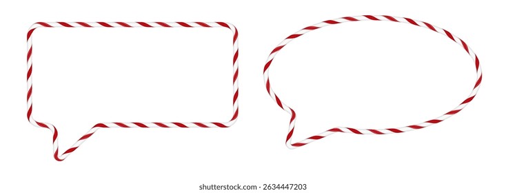 Christmas candy cane speech bubble with red and white twisted stripes. Xmas chatting box with striped lollipop pattern. New Year holiday message rectangle and oval shape with text space vector set