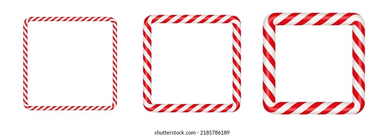 Christmas candy cane square frame with red and white striped. Xmas border with striped candy lollipop pattern. Blank christmas and new year template. Vector illustration isolated on white background