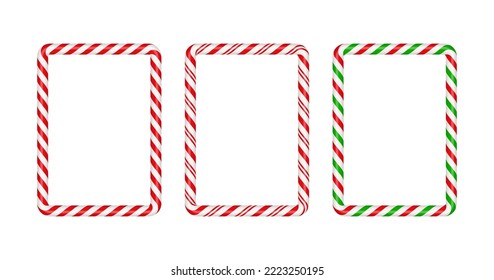 Christmas candy cane square frame with red,green and white striped. Xmas border with striped candy lollipop pattern. Christmas and new year template. Vector illustration isolated on white background.