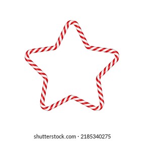 Christmas candy cane star frame with red and white striped. Xmas border with striped candy lollipop pattern. Blank christmas and new year template. Vector illustration isolated on white background.