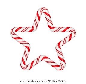 Christmas candy cane star frame with red and white striped. Xmas border with striped candy lollipop pattern. Blank christmas and new year template. Vector illustration isolated on white background.
