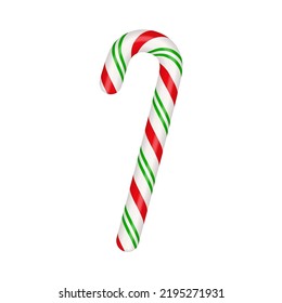 Christmas candy cane. Christmas stick. Traditional xmas candy with red, green and white stripes. Santa caramel cane with striped pattern. Vector illustration isolated on white background.