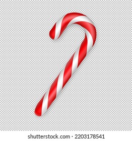 Christmas candy cane. Christmas stick. Traditional realistic xmas candy and red, white stripes. Santa caramel cane on transparent background. Vector illustration