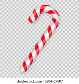 Christmas candy cane. Christmas stick. Traditional realistic xmas candy and red, white stripes. Santa caramel cane on transparent background. Vector illustration